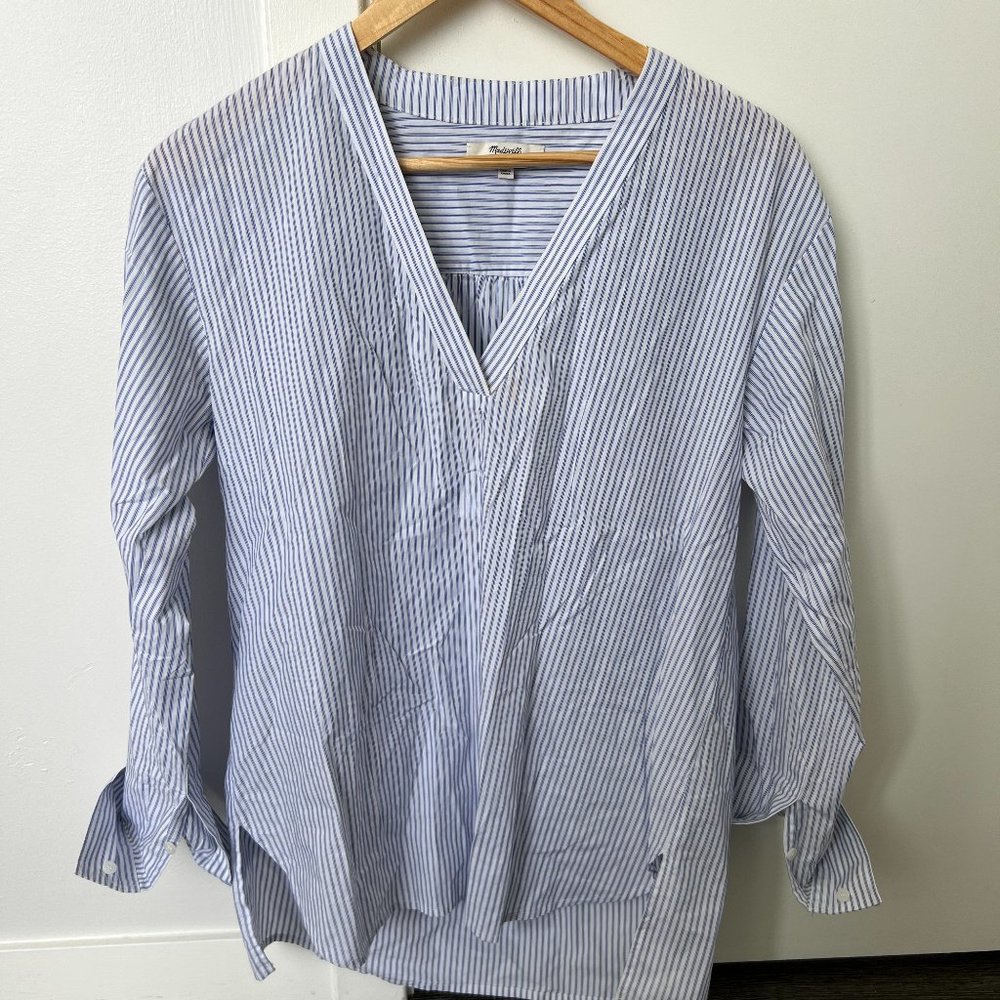Madewell Top Tunic Small Blue White Stripe Long Sleeve V Neck Casual Hi Lo Hem